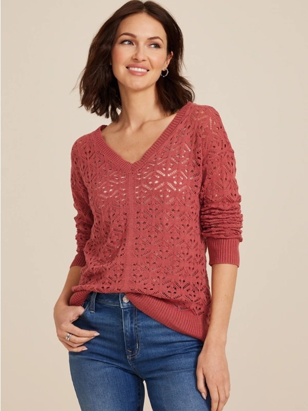 Maurices Rusty Red Open Knit V-Neck Sweater